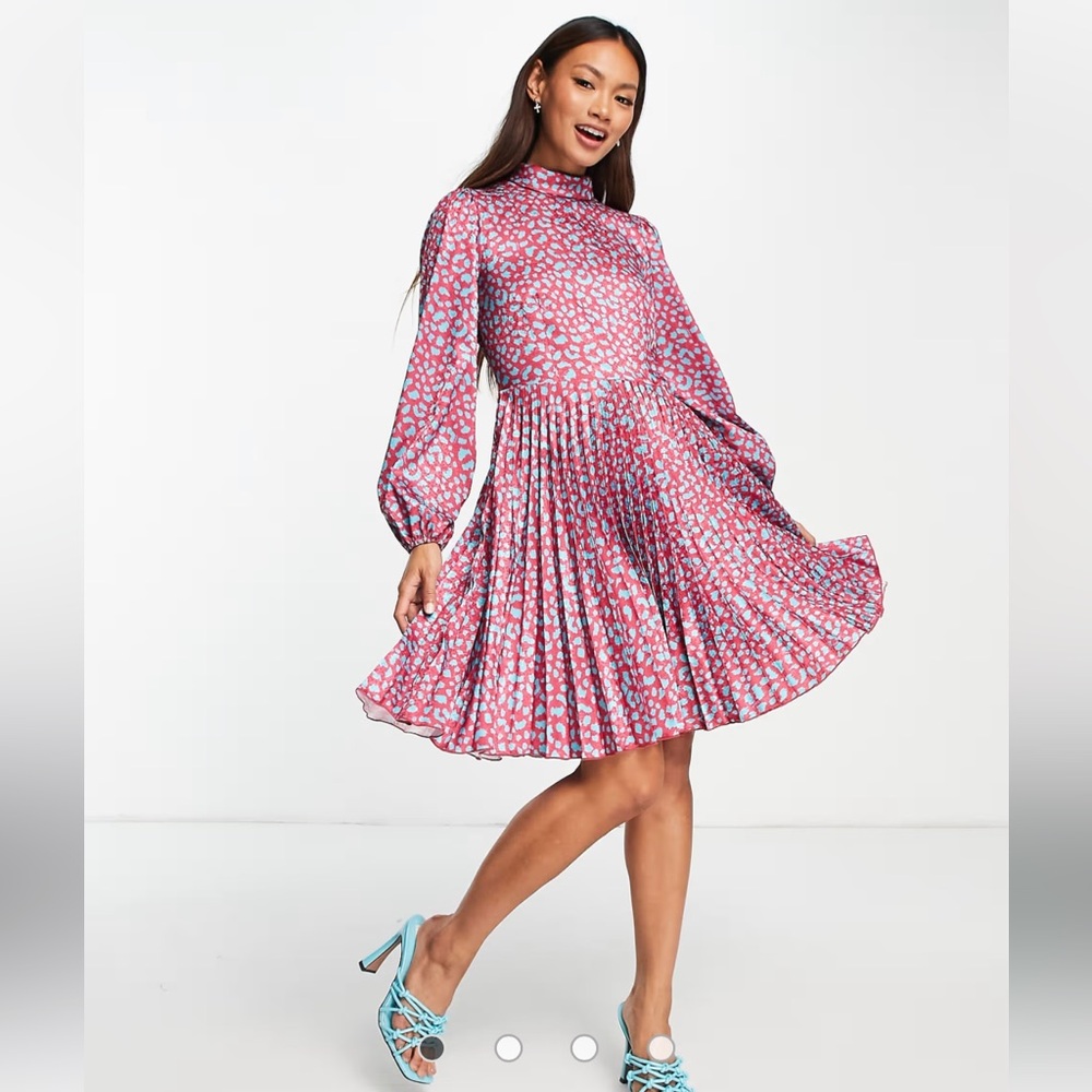 Closet London high neck pleated mini dress in blue animal spot